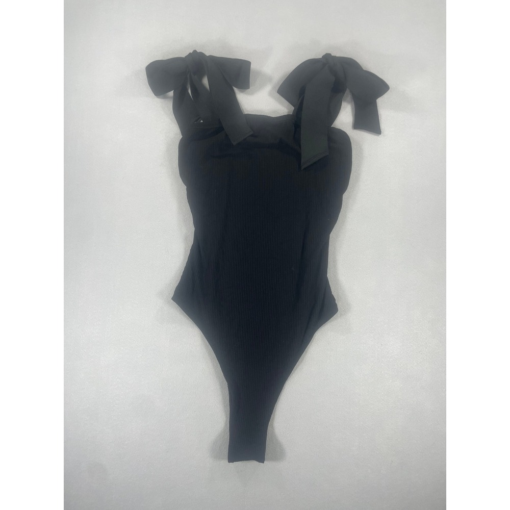 MOTU Black Ribbed Tie Shoulder Bow Bodysuit Thong Snap Closure XS